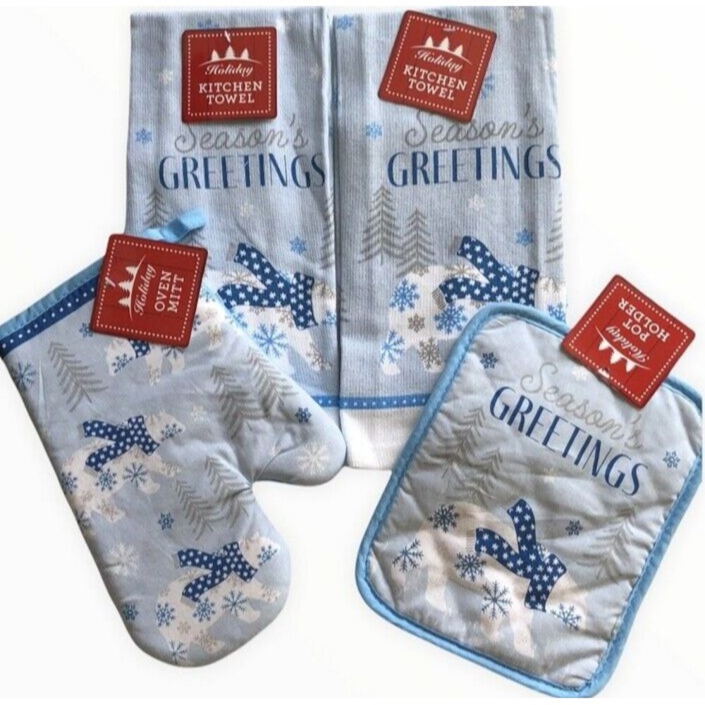 Seasons Greetings Set of 4 Christmas Dish Towels Potholder Oven Mitt Polar Bear